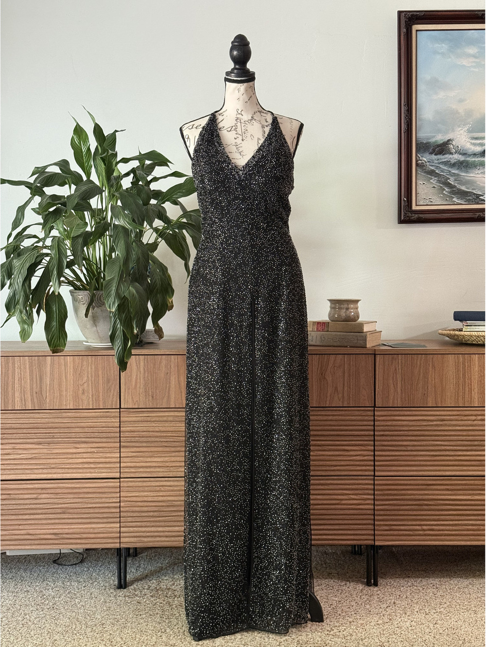 Vintage Y2K Scala Silk Beaded Halter Jumpsuit Black Wide Leg Overskirt M